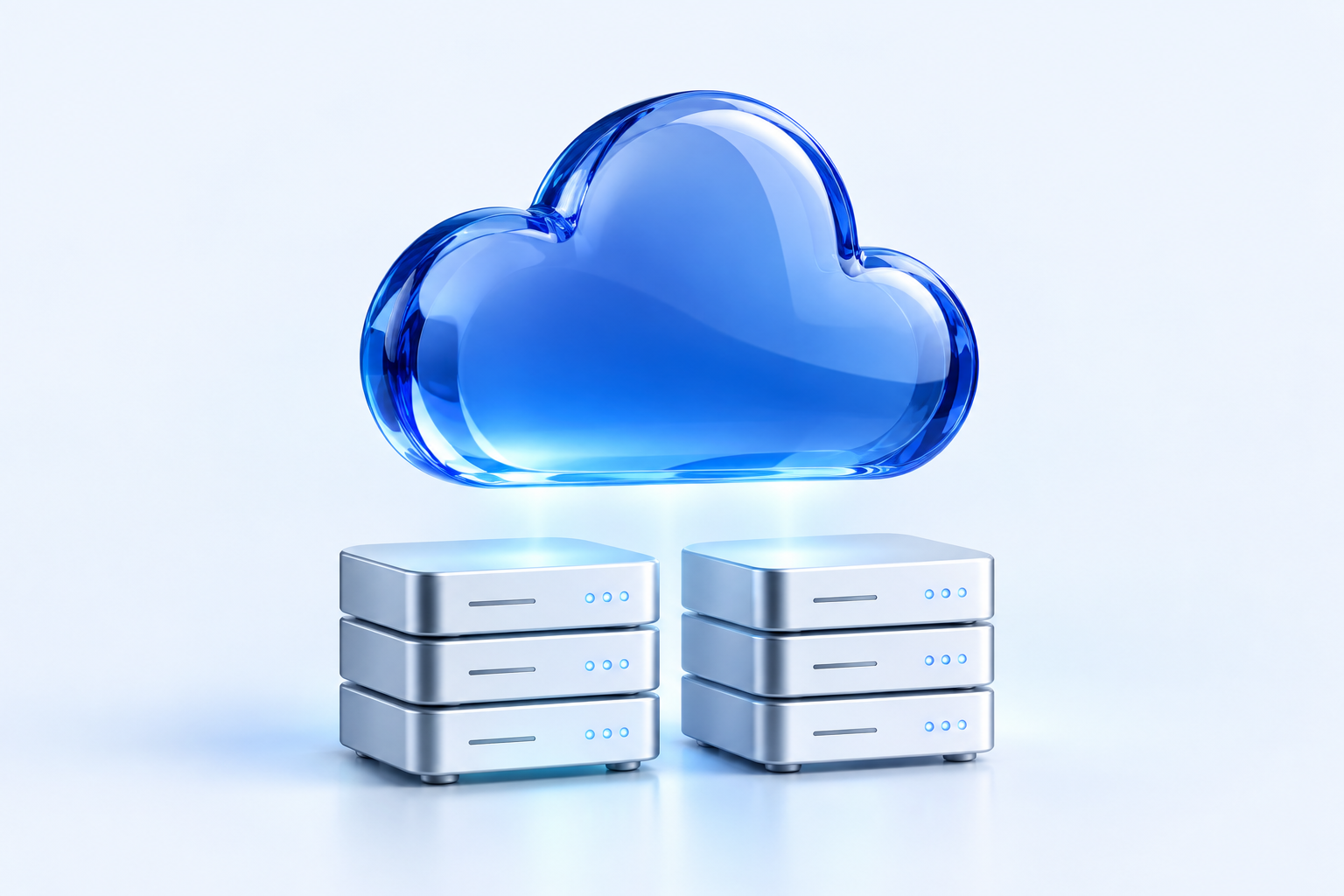 Blue glass cloud above silver hosting servers