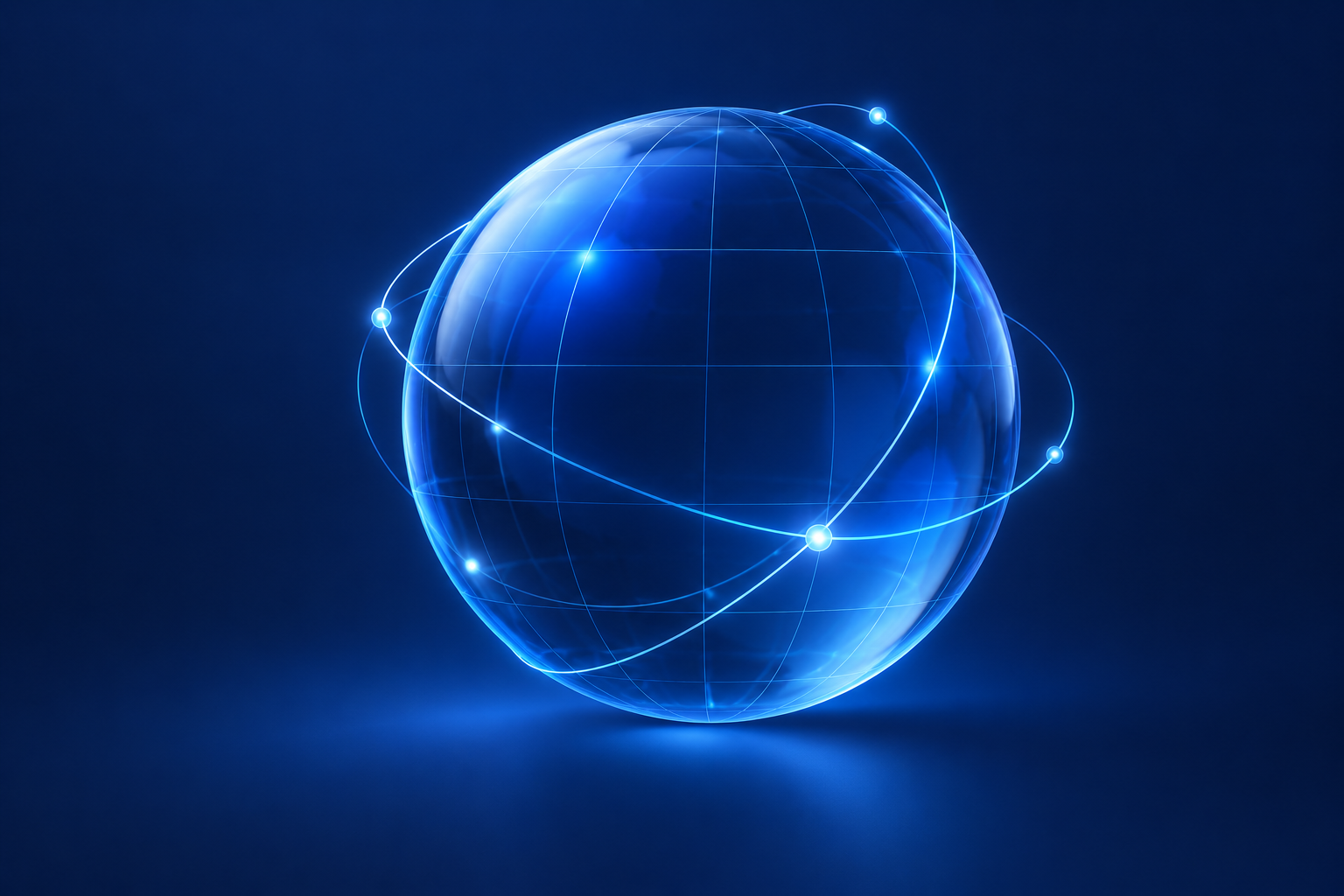 A luminous blue glass globe with orbital network connections